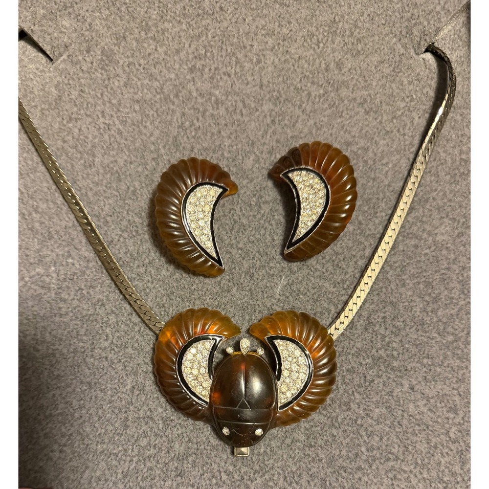 Vintage Art Deco 89 Necklace & Earrings Set Scarab Egyptian Revival